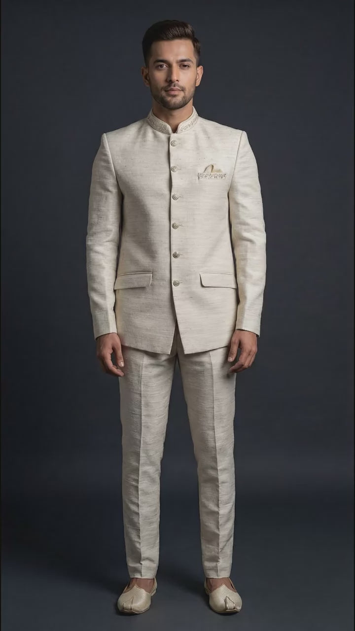 Ivory Textured Jodhpuri Bandhgala Suit for Men | Dresswala NX