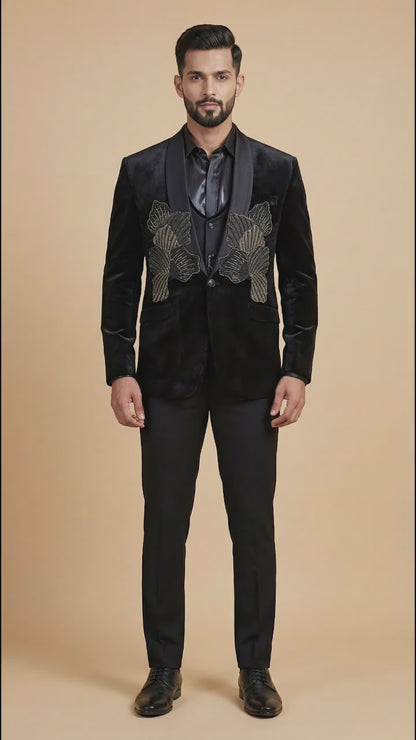 Black Velvet Embroidered Tuxedo Suit for Men | Dresswala NX