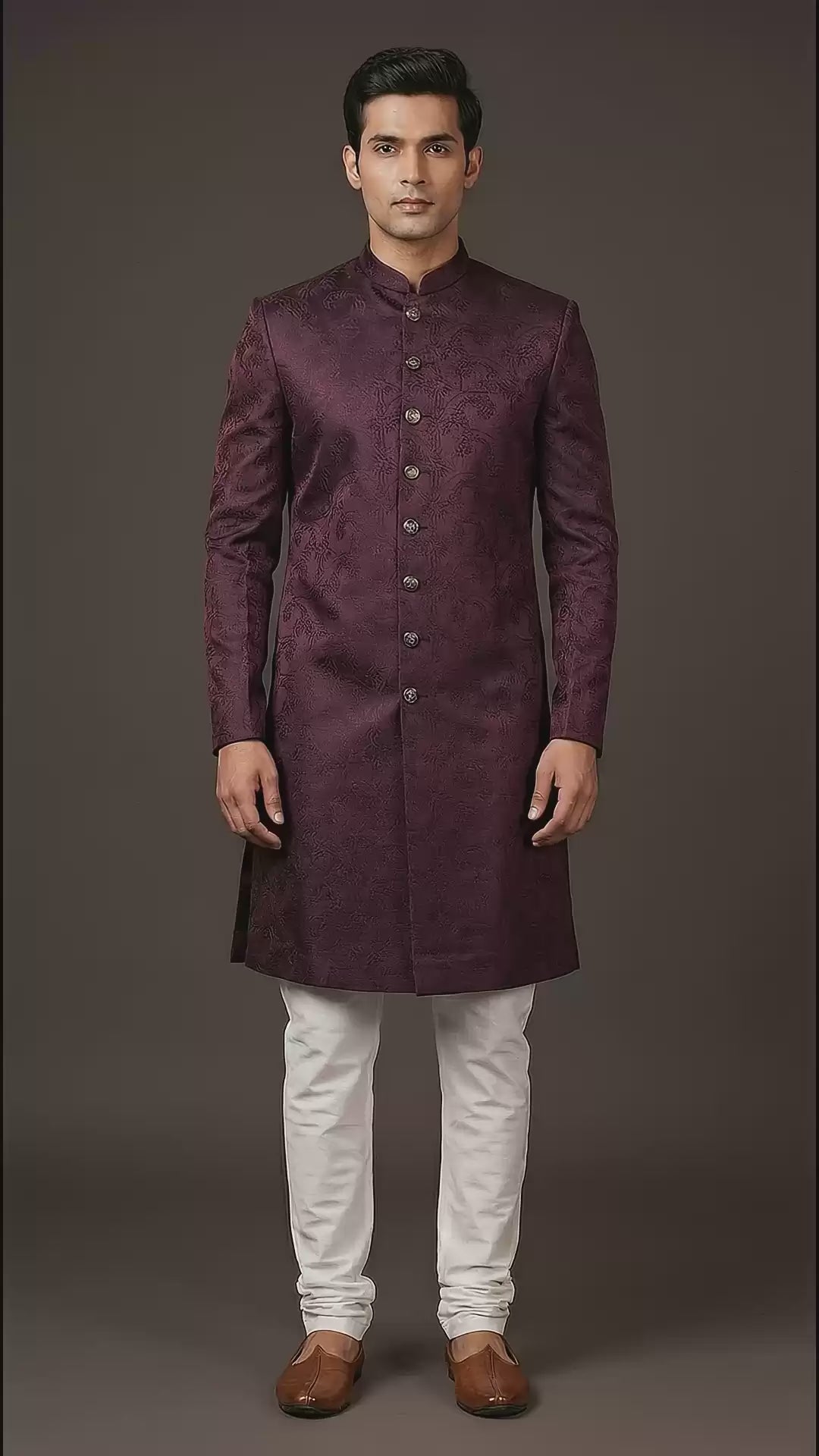 Wine Jacquard Indo-Western Sherwani for Men | Dresswala NX