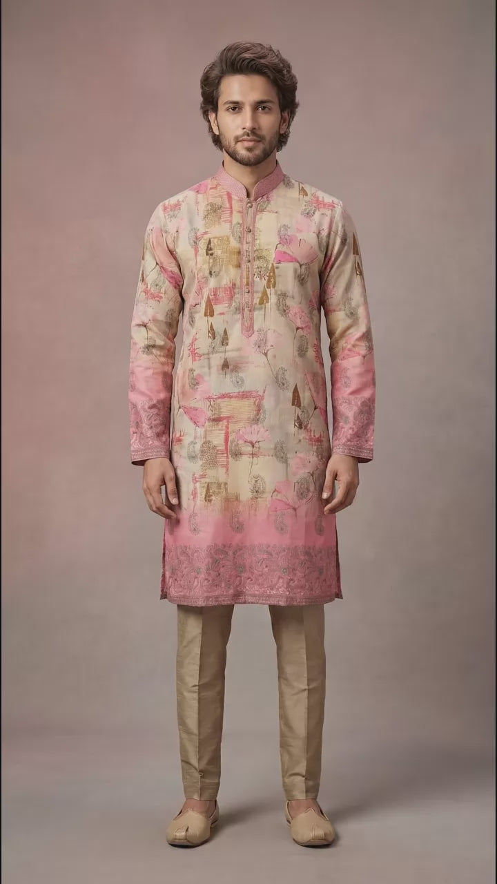 Beige & Pink Printed Kurta Set for Men | Dresswala NX