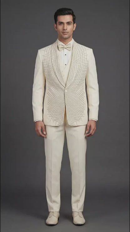 Men’s Ivory Embroidered Tuxedo Suit with Bow Tie | Dresswala NX