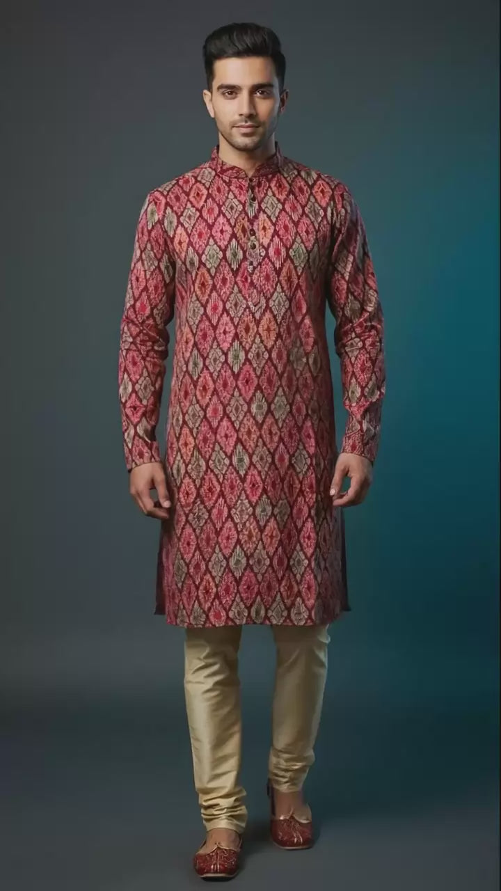 Men’s Red Multicolour Printed Kurta Set | Festive & Wedding Wear – Dresswala NX