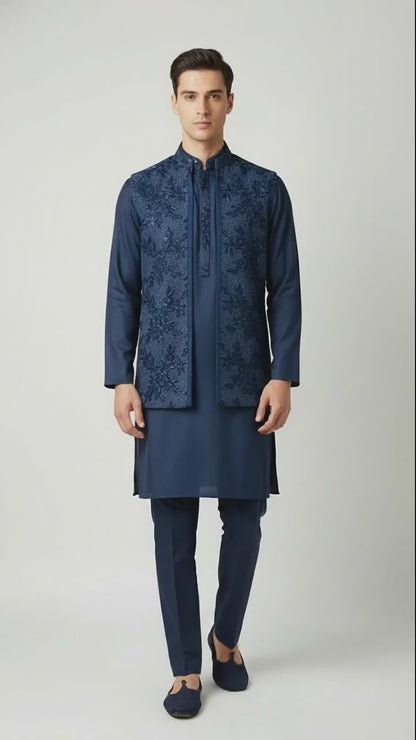 Navy Blue Kurta Set with Textured Embroidered Jacket – Classic Festive & Wedding Menswear