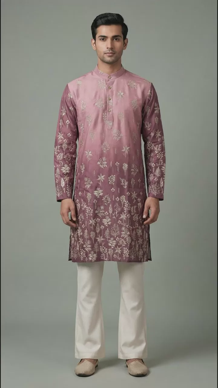Men’s Mauve Floral Embroidered Kurta | Elegant Festive Wear – Dresswala NX