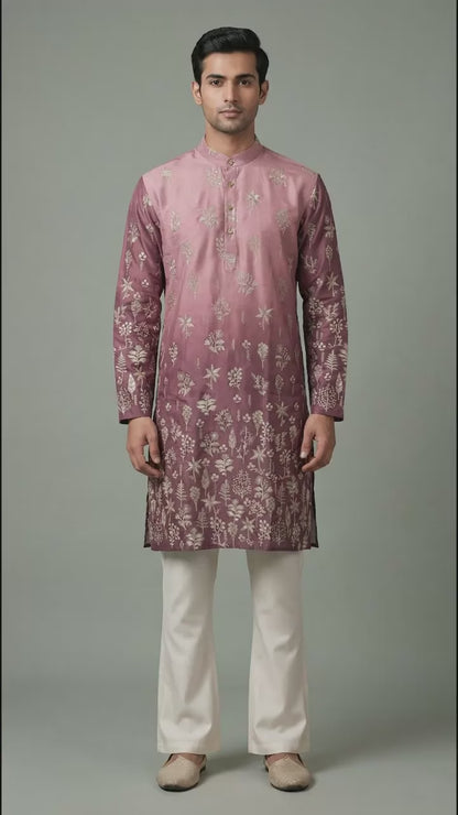 Men’s Mauve Floral Embroidered Kurta | Elegant Festive Wear – Dresswala NX