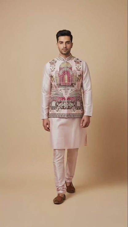 Blush Pink Thread-Embroidered Nehru Jacket Set