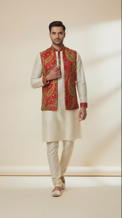 Red Paisley Printed Nehru Jacket Set