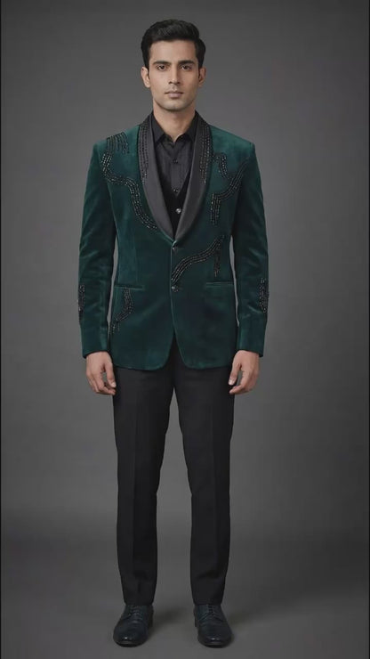 Emerald Velvet Embellished Tuxedo Suit | Dresswala NX