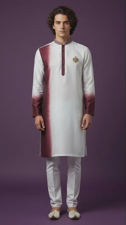 White & Wine Ombre Kurta with embroidered detail – Modern Festive & Wedding Wear