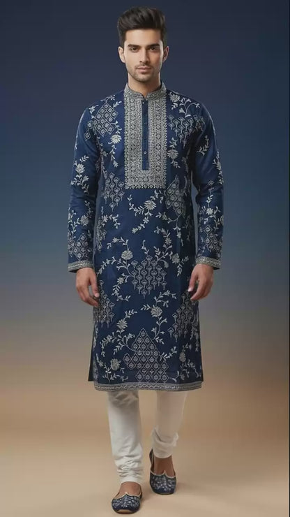 Men’s Navy Blue Heavy Embroidered Kurta Set | Premium Wedding Wear – Dresswala NX
