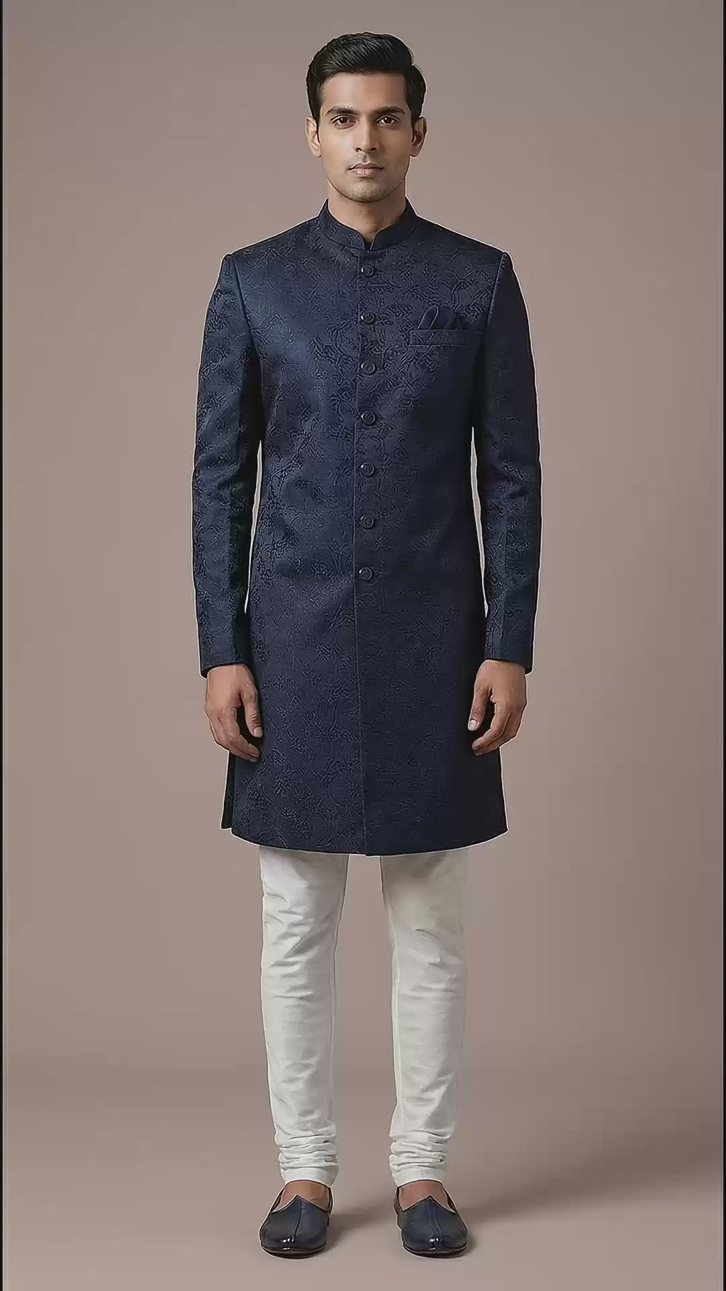 Navy Blue Jacquard Indo-Western Sherwani Set for Men | Dresswala NX
