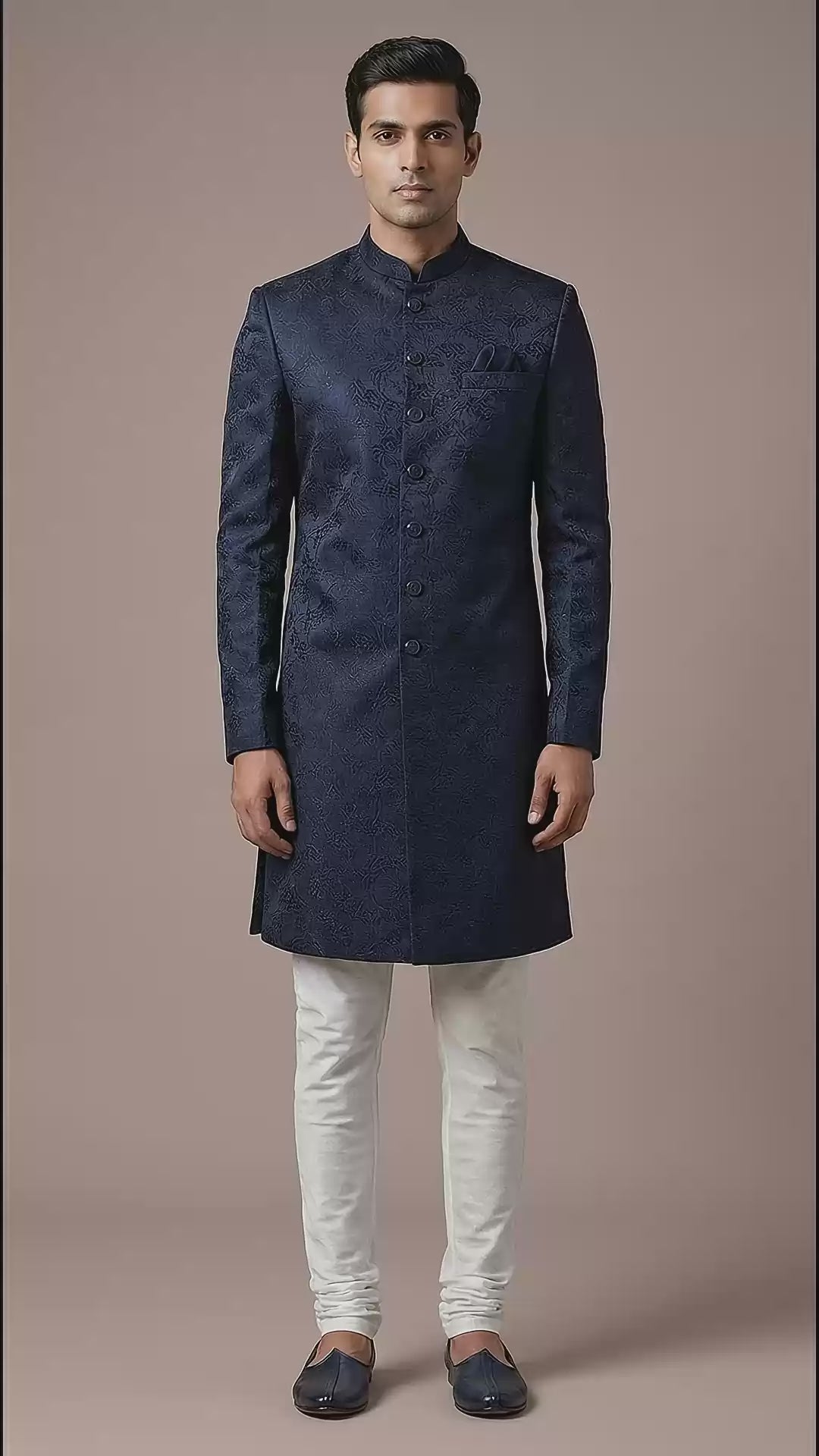 Navy Blue Jacquard Indo-Western Sherwani Set for Men | Dresswala NX