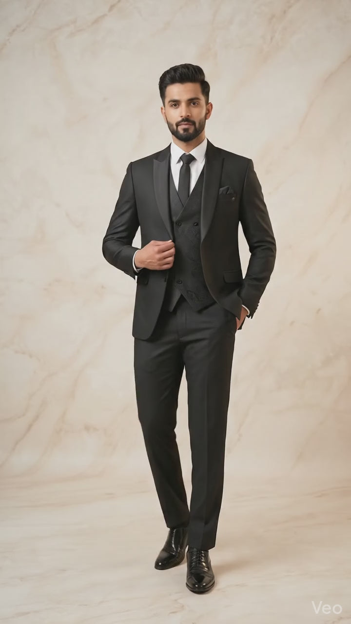 Charcoal Grey Five-piece Tuxedo with Textured Waistcoat