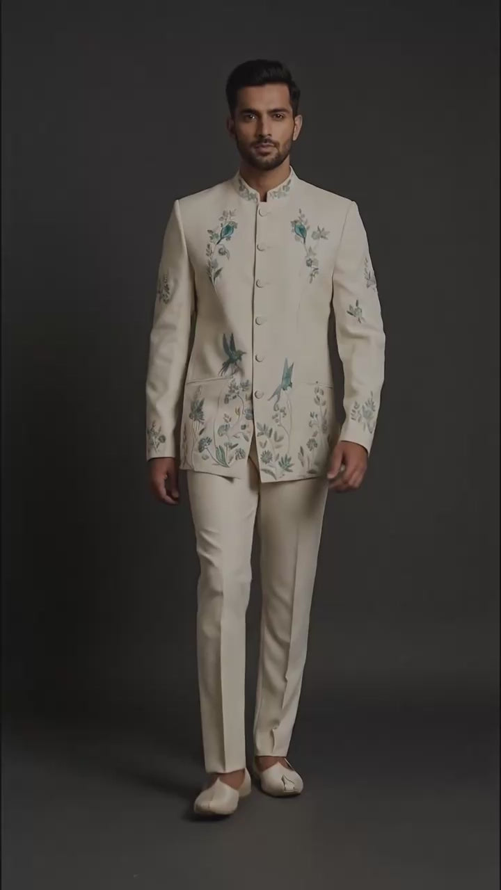 Men’s Ivory Embroidered Bandhgala Suit | Dresswala NX