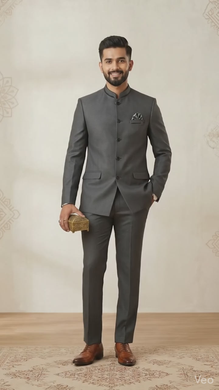 Slate Grey Bandhgala Suit with Contrast Mandarin Collar