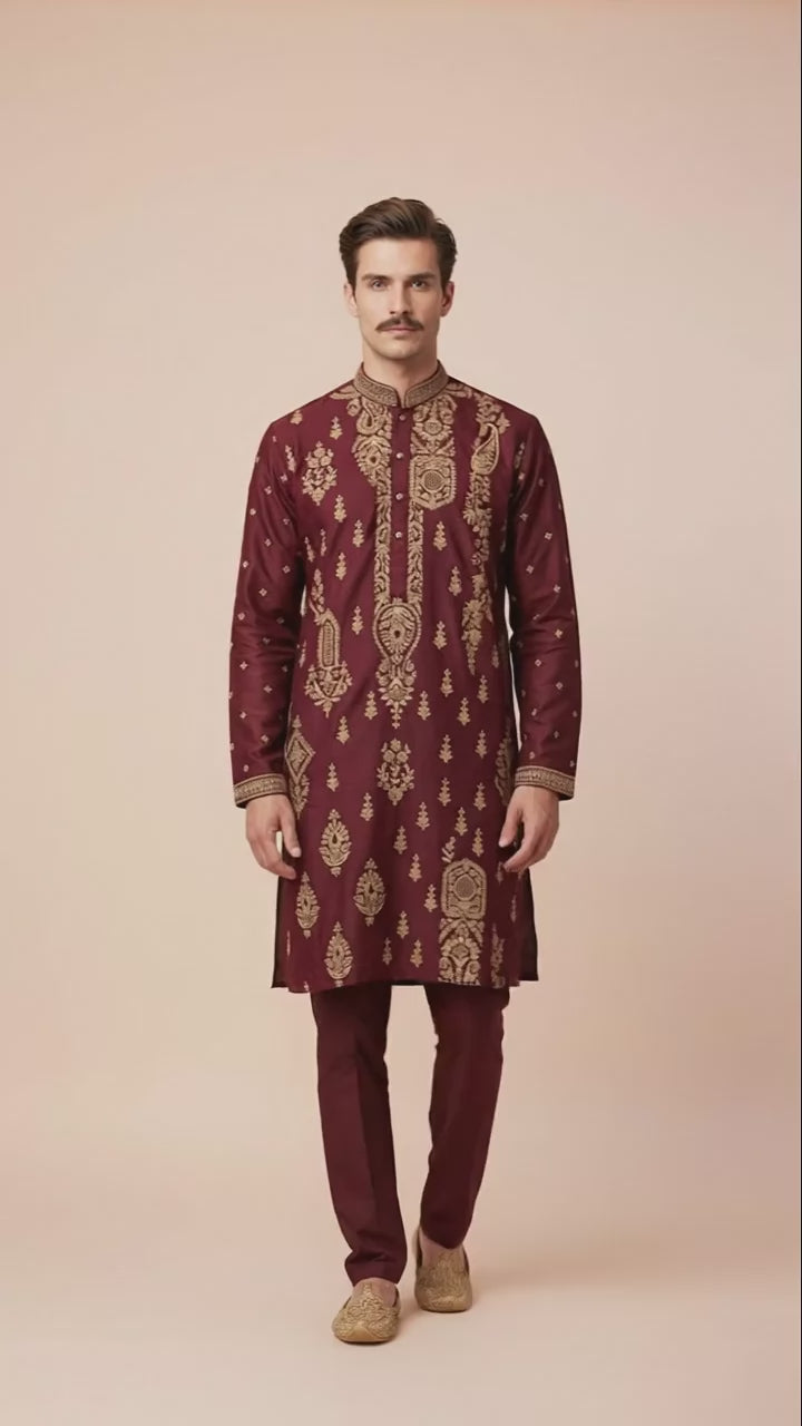 Men’s Maroon Designer Kurta Set with Thread Work | Dresswala NX