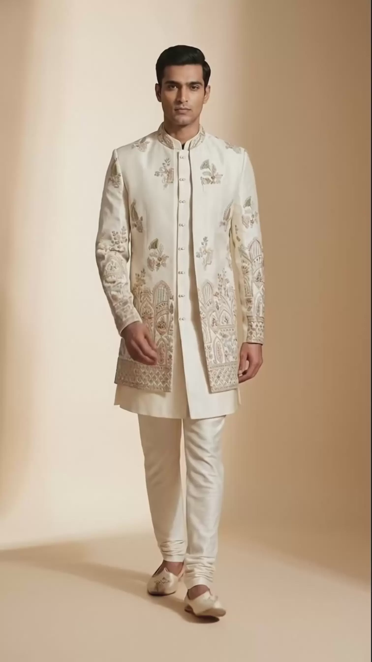 Ivory Embroidered Indo-Western Set with Intricate Multi-Thread Work – Premium Wedding & Festive Menswear