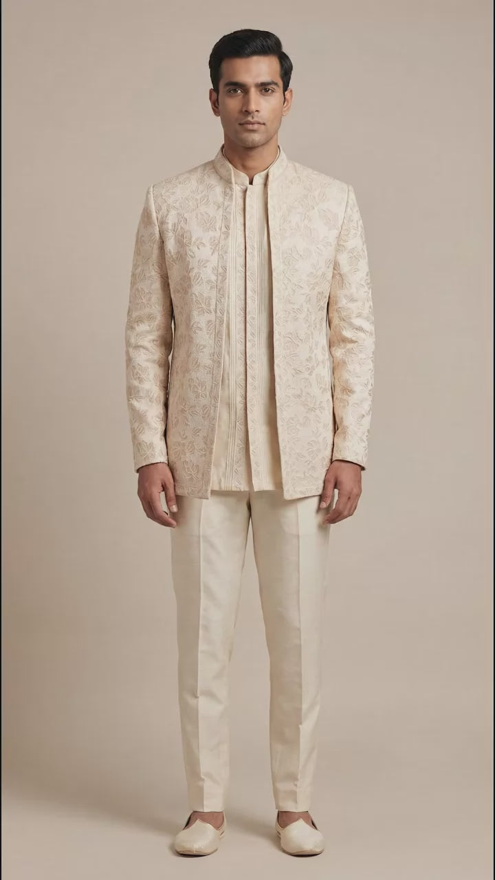 Ivory Jacquard Bandhgala Jacket Set | Dresswala NX