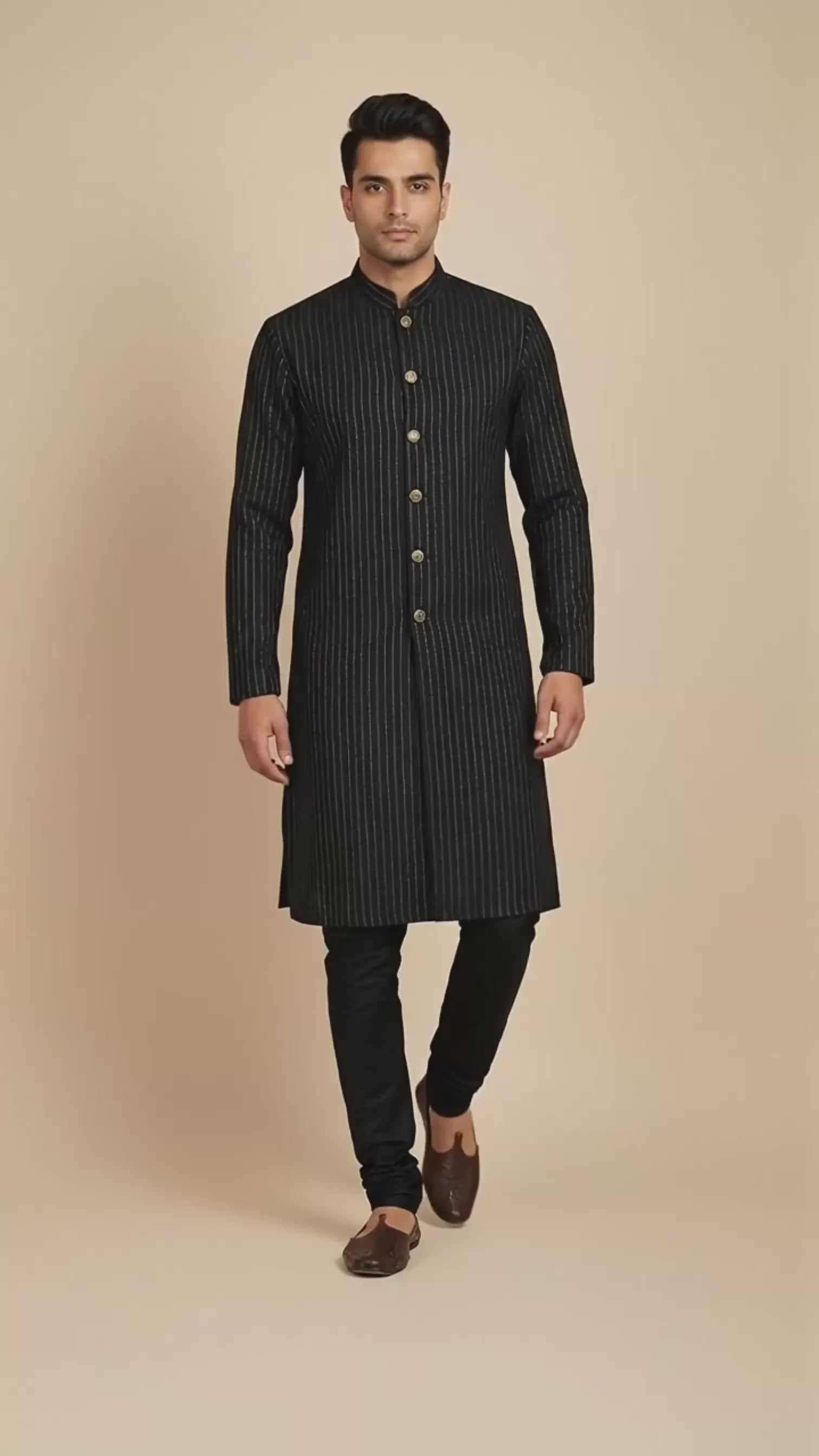 Black Indo-Western Kurta Set with Metallic Pinstripes and Statement Buttons