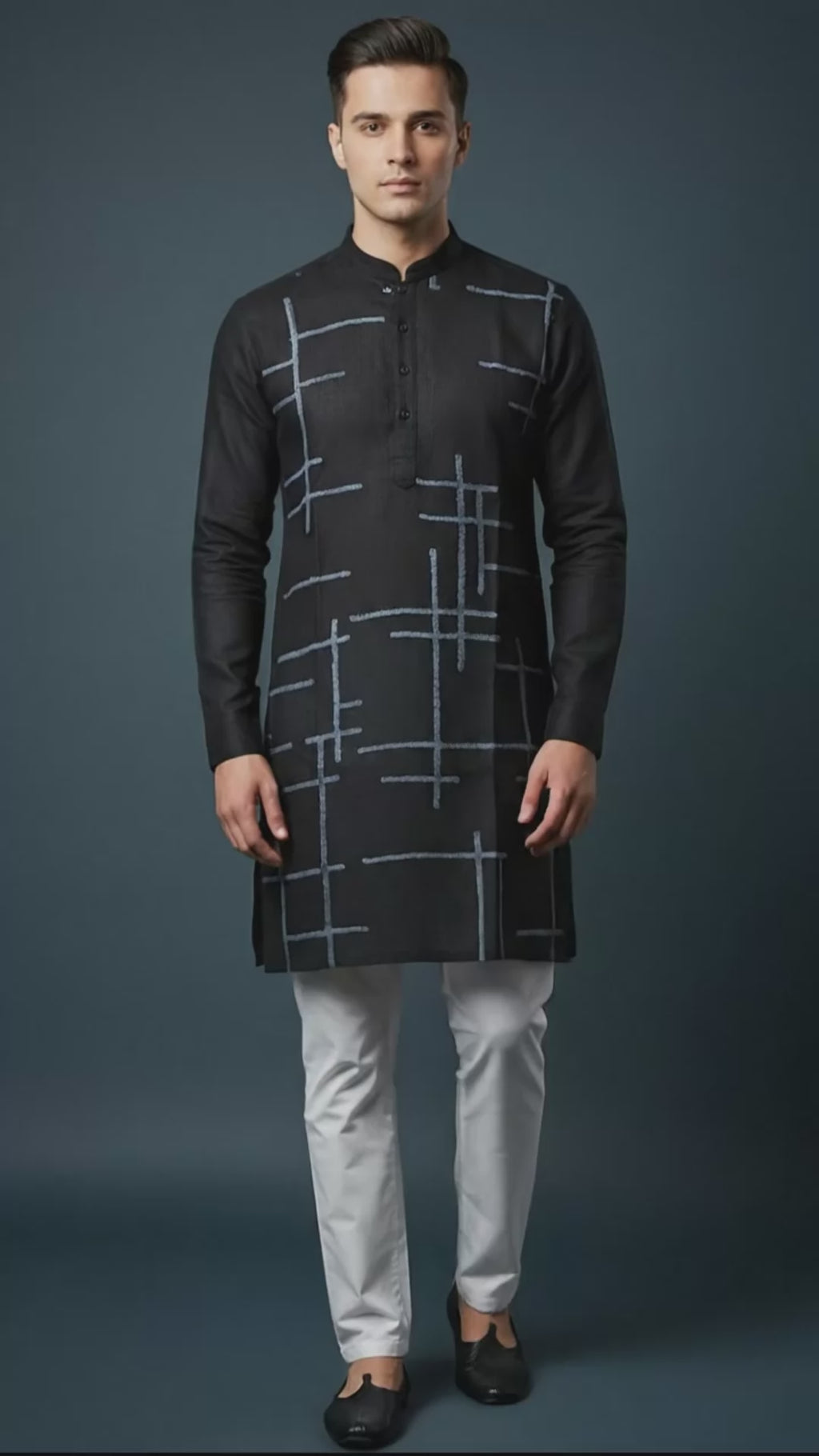 Men’s Black Linen Kurta with Blue Geometric Detailing | Modern Festive Wear – Dresswala NX