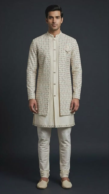 Ivory Printed Indo-Western Sherwani with Pleated Kurta & Straight Churidar