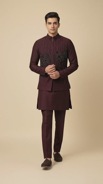 Maroon Thread-Embroidered Kurta Jacket Set