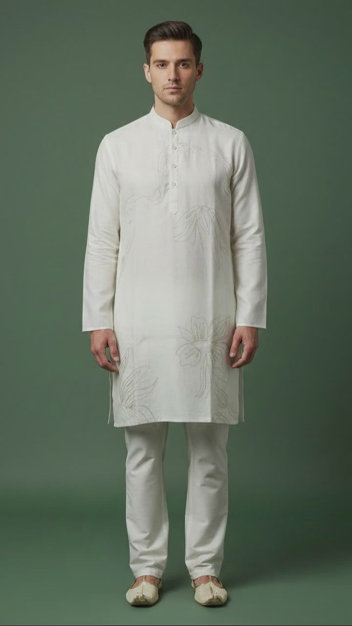 Men’s Ivory Linen Kurta with Minimal Floral Detailing | Classic Linen Kurta – Dresswala NX