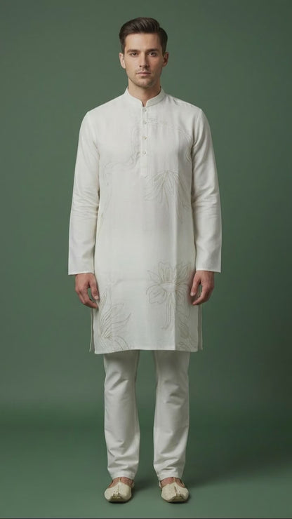 Men’s Ivory Linen Kurta with Minimal Floral Detailing | Classic Linen Kurta – Dresswala NX