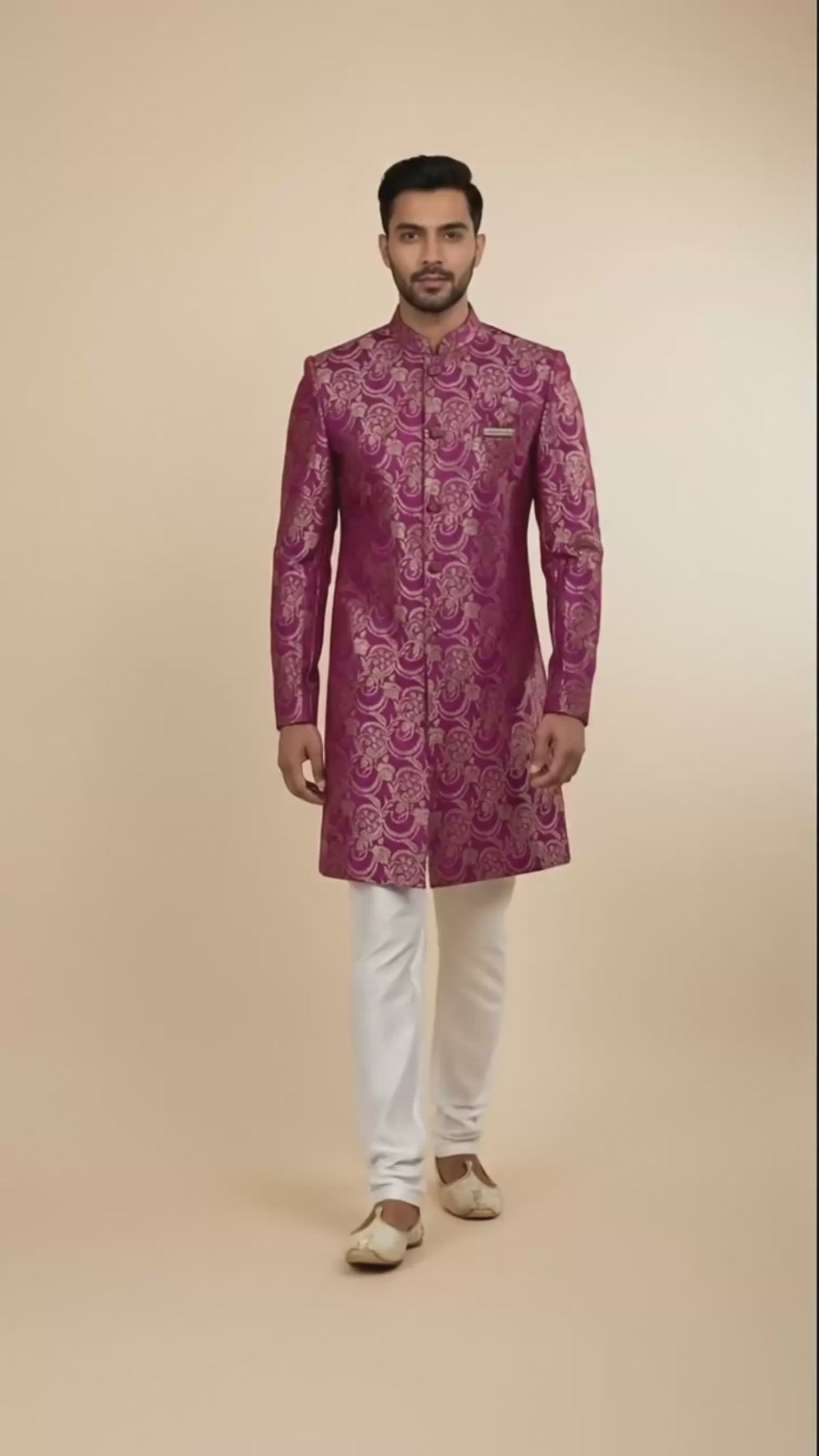 Royal Magenta Brocade Indo-Western Sherwani with Gold Zari Detailing