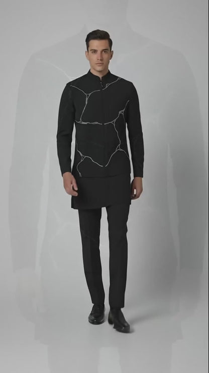 Black Thread-Embroidered Kurta Jacket Set