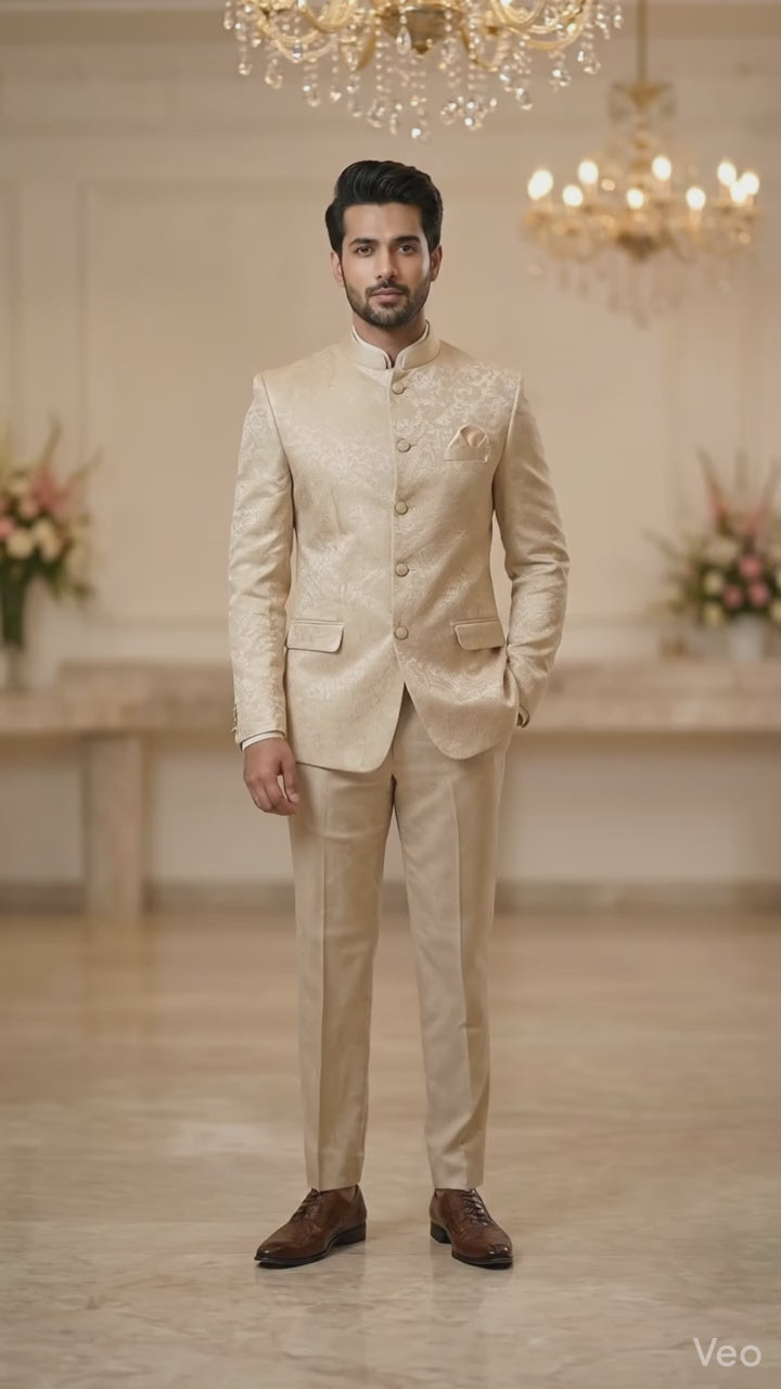 Champagne Gold Jacquard Floral Jodhpuri Bandhgala