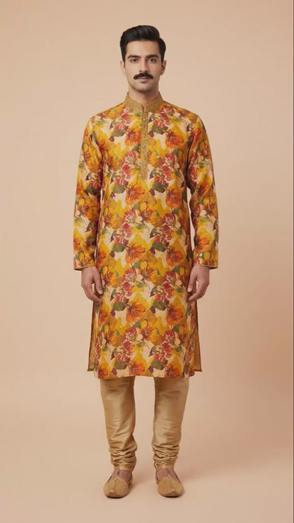 Yellow Floral Printed Kurta Set for Men | Dresswala NX