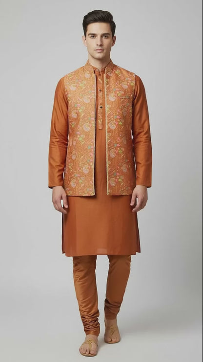 Rust Kurta Set with Floral Brocade Nehru Jacket – Elegant Festive Menswear