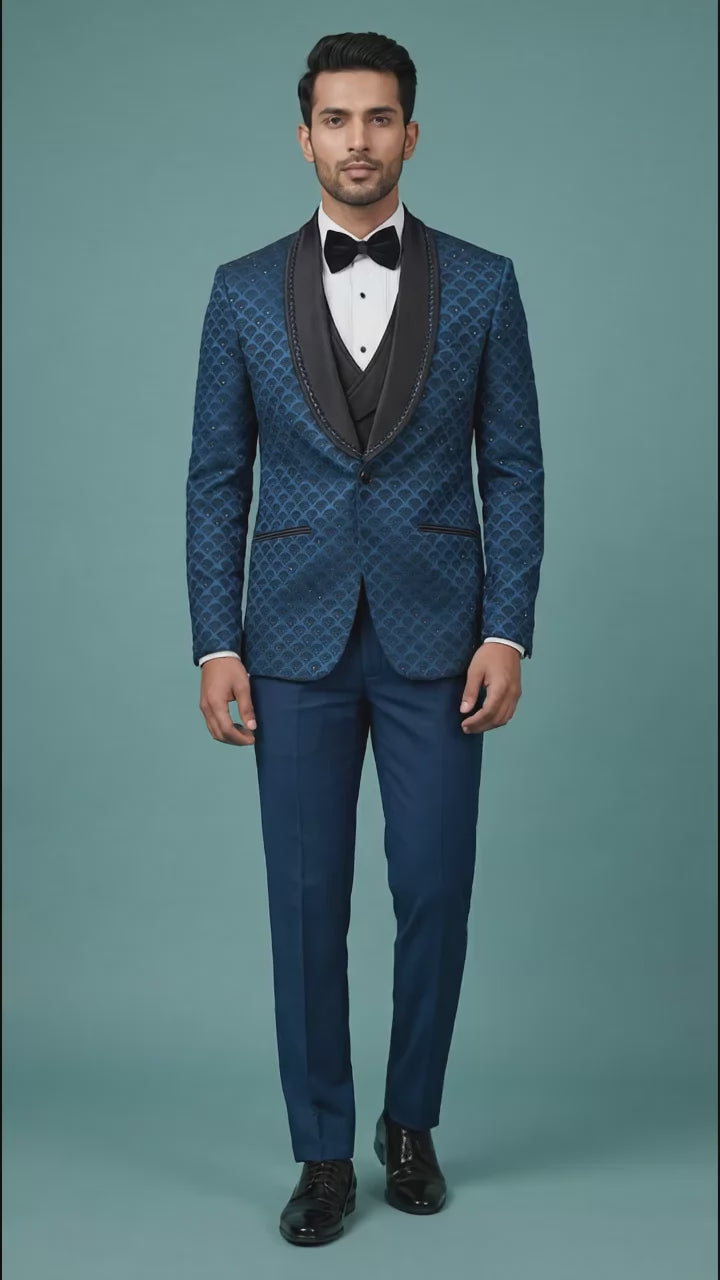 Royal Blue Patterned Indo Western Tuxedo for Men | Dresswala NX