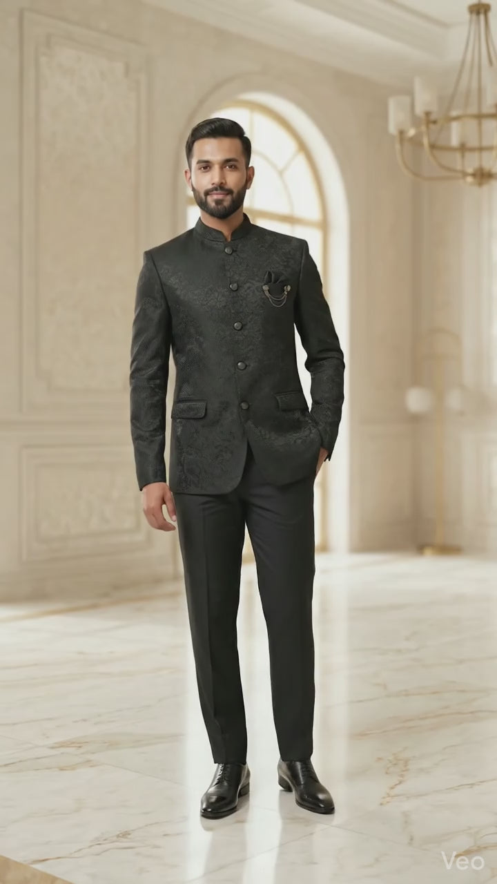 Men’s Charcoal Black Floral Jacquard Jodhpuri Suit