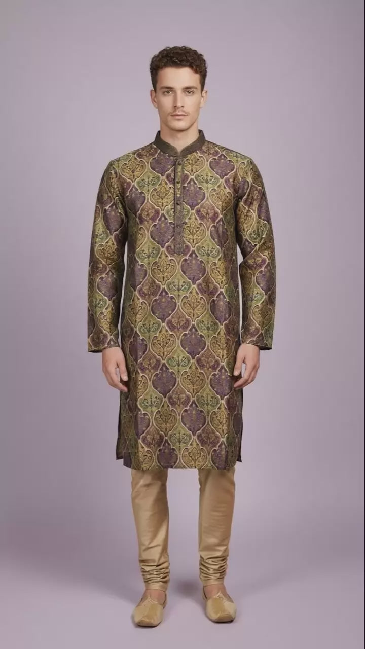 Purple-Green Printed Kurta Set for Men | Dresswala NX