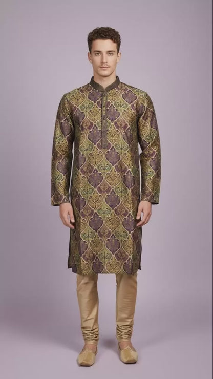 Purple-Green Printed Kurta Set for Men | Dresswala NX