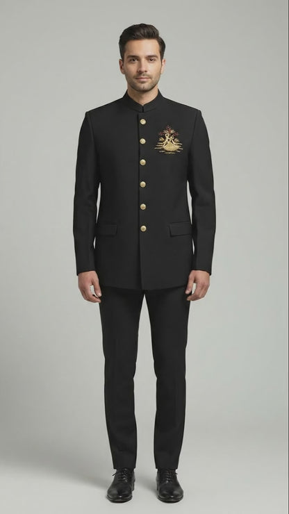 Classic Black Bandhgala Suit with Crest | Dresswala NX