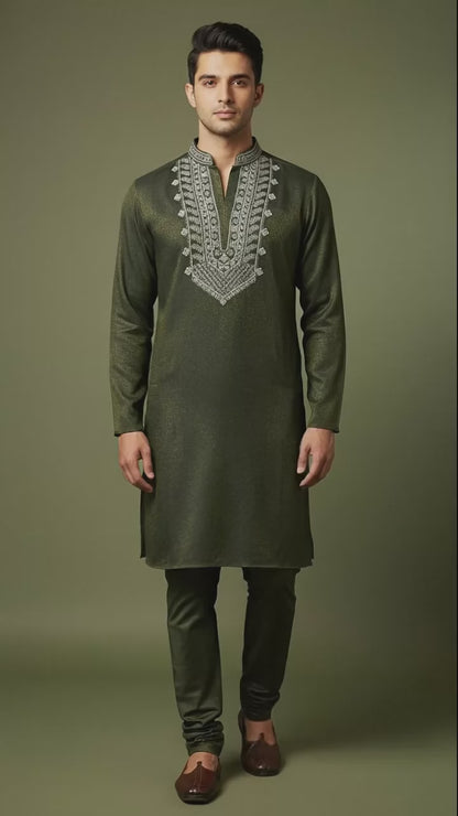 Olive Green Embroidered Men's Kurta Set | Premium Festive Wear by Dresswala NX