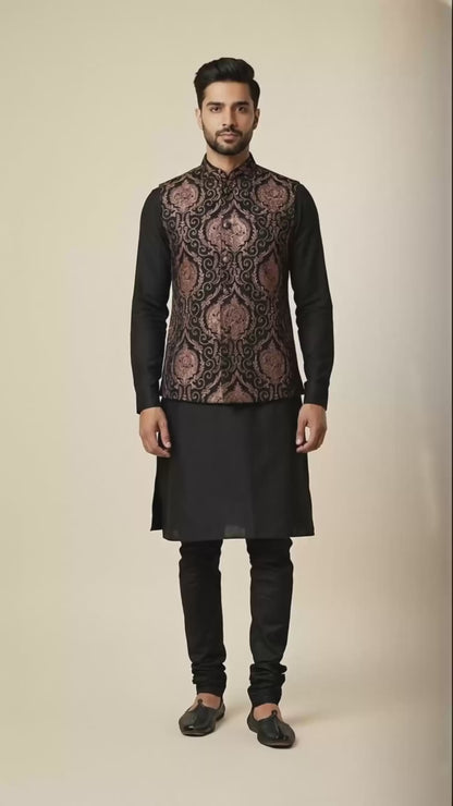 Black Kurta Set with Copper Brocade Nehru Jacket – Premium Ethnic Menswear