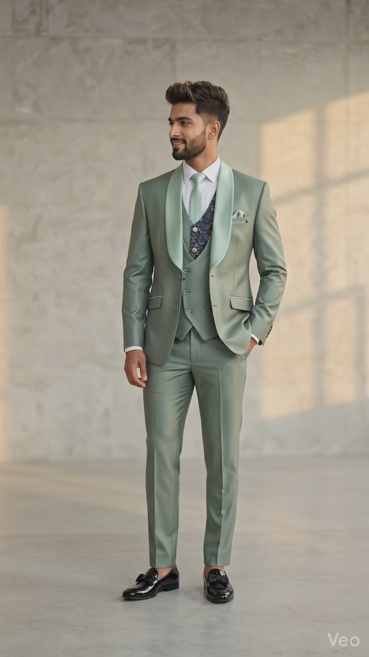 Sage Green Five-piece Tuxedo with Shawl Lapel and Floral Inner Waistcoat