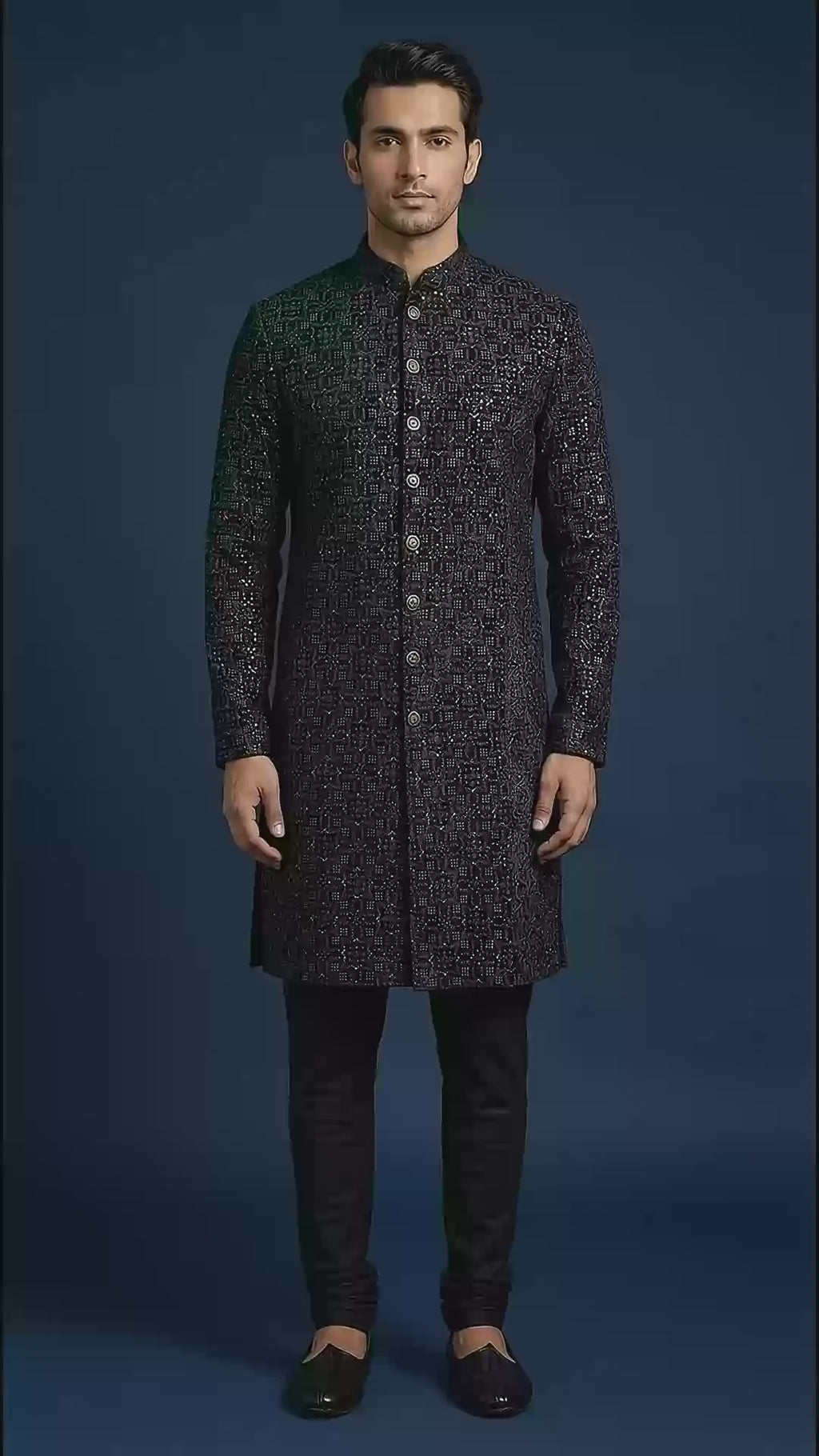 Black Jacquard Indo-Western Sherwani for Men | Dresswala NX