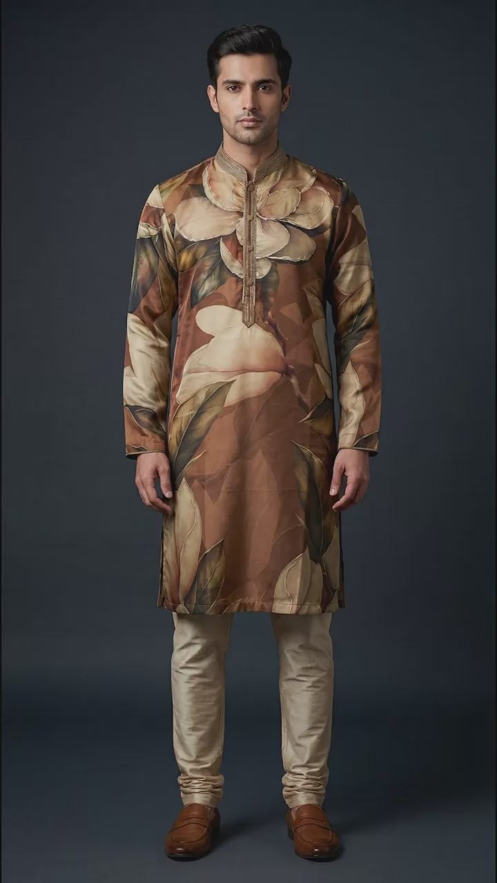Beige Floral Printed Kurta Set for Men | Dresswala NX