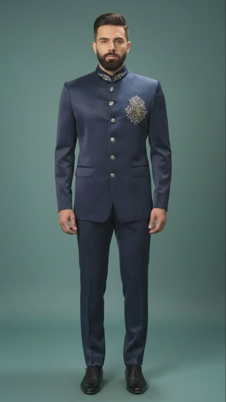 Navy Blue Bandhgala Suit for Men | Dresswala NX