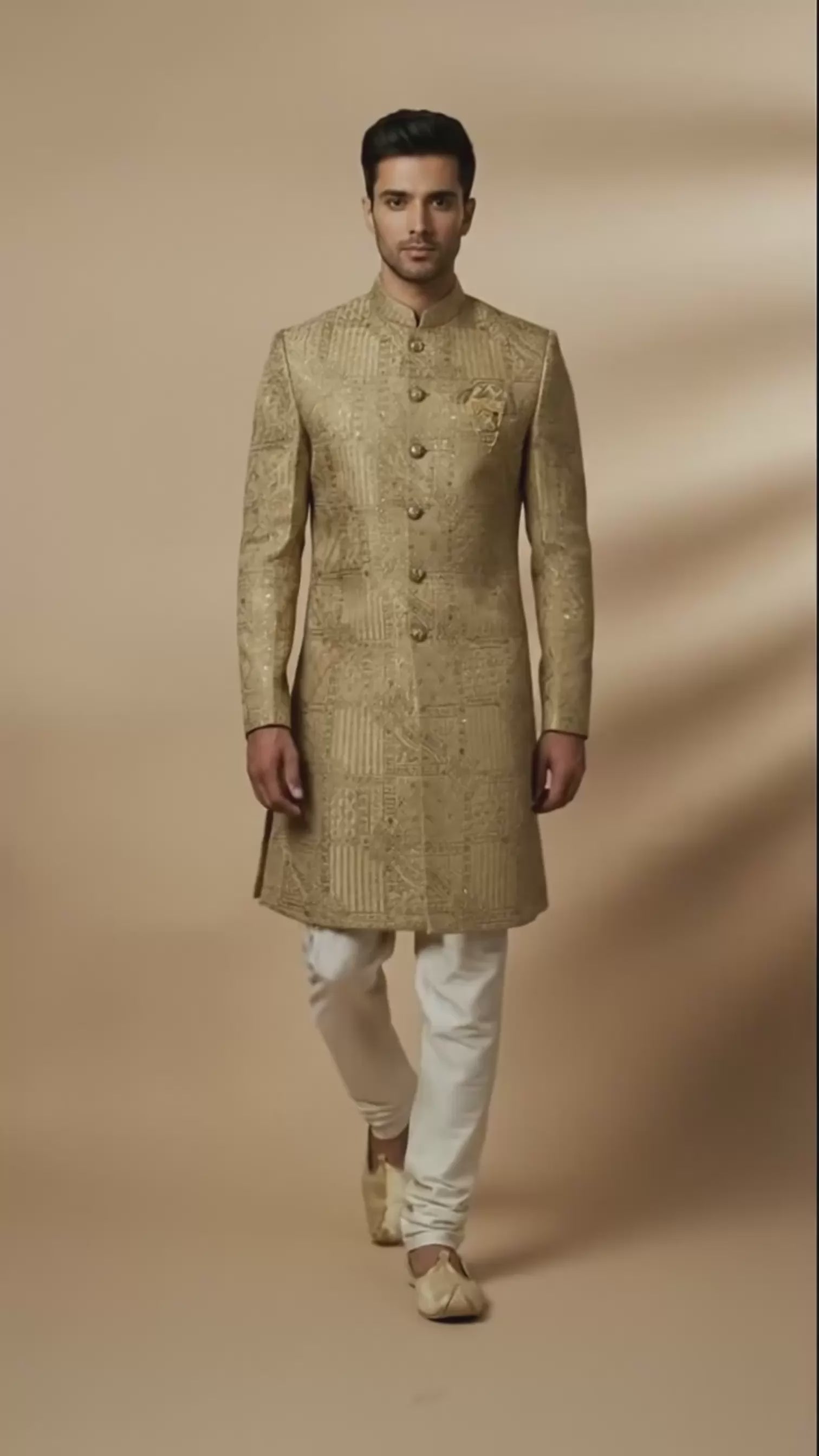 Regal Gold Textured Indo-Western Sherwani with Intricate Embossed Detailing