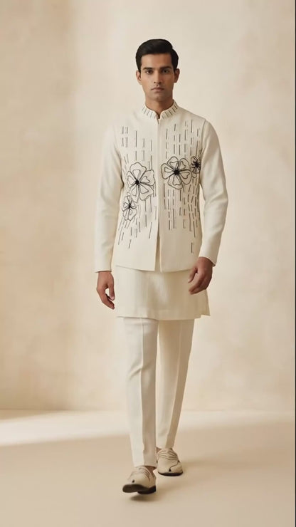 Ivory Thread-Embroidered Kurta Jacket Set
