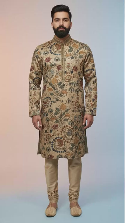 Beige Multicolour Printed Kurta Set for Men | Dresswala NX