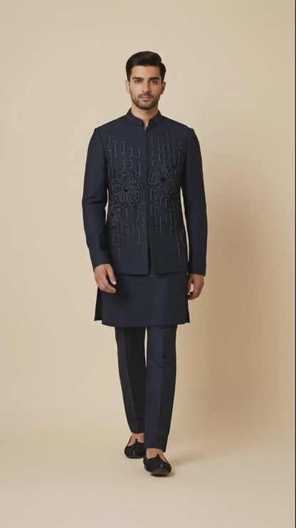 Navy Blue Thread-Embroidered Kurta Jacket Set