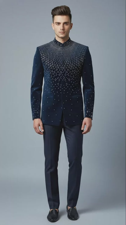 Men’s Navy Blue Embellished Bandhgala Suit | Dresswala NX