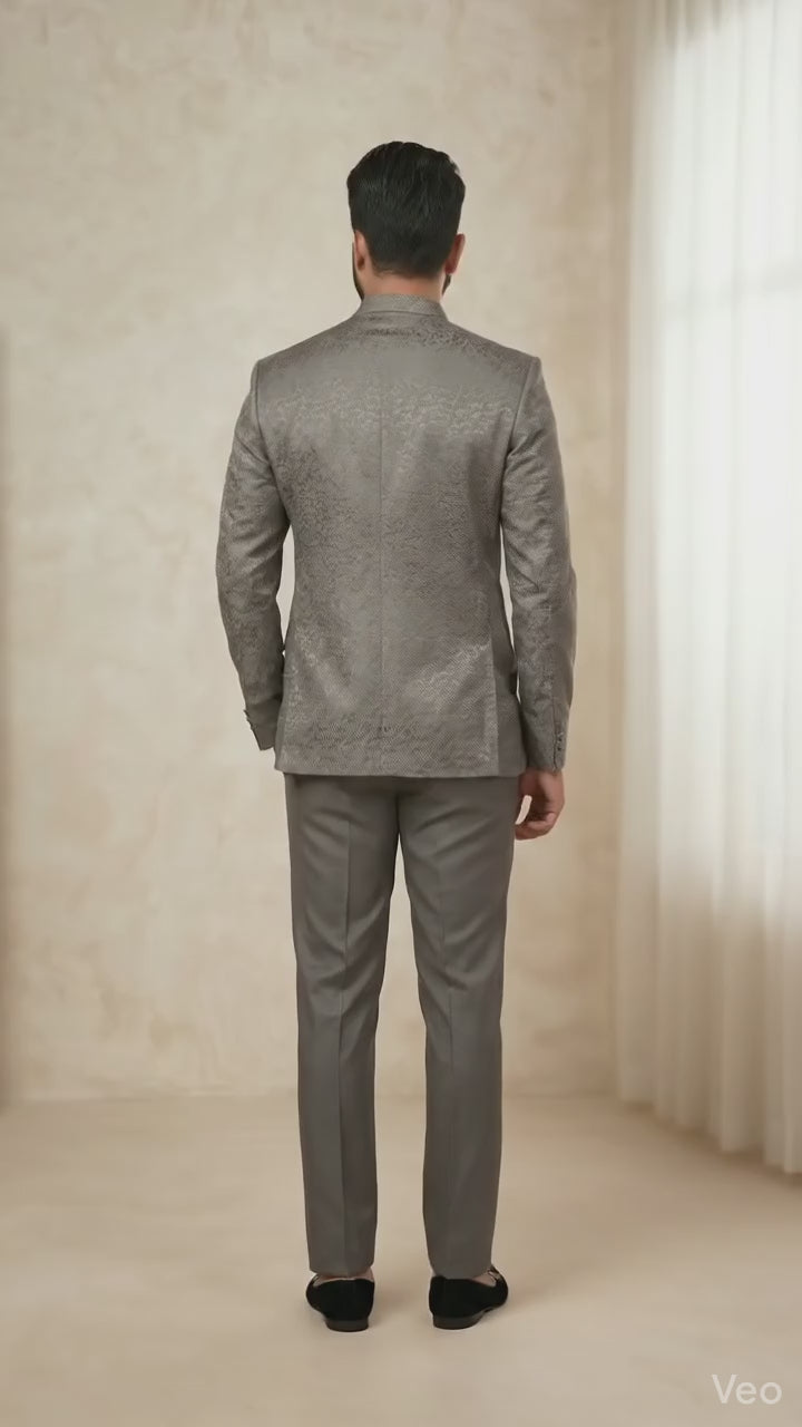 Elegant Slate Grey Textured Jodhpuri Suit